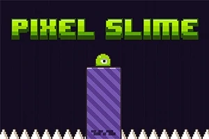 Zelený pixelový tvor na fialovém sloupu obklopený bílými hroty s nápisem PIXEL SLIME nahoře
