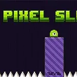 Zelený pixelový tvor na fialovém sloupu obklopený bílými hroty s nápisem PIXEL SLIME nahoře