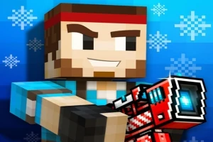 Postava s blokovým vzhledem ve světle modrém oblečení, červenou čelenkou a velkou futuristickou zbraní na pozadí se sněhovými vločkami
