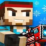 Postava s blokovým vzhledem ve světle modrém oblečení, červenou čelenkou a velkou futuristickou zbraní na pozadí se sněhovými vločkami