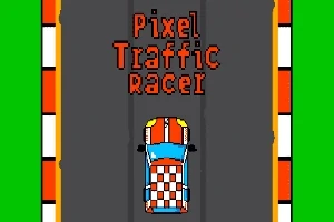 Barevné pixelové auto na závodní dráze s nápisem Pixel Traffic Racer