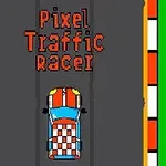 Barevné pixelové auto na závodní dráze s nápisem Pixel Traffic Racer