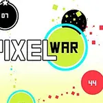 Barevný abstraktní design s velkými kruhy obsahujícími čísla a textem PIXEL WAR ve středu