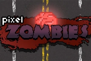 Nápis Pixel Zombies s pixelovou grafikou mozku na vozovce
