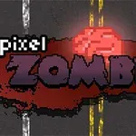 Nápis Pixel Zombies s pixelovou grafikou mozku na vozovce