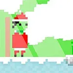 Pixelová postava v červeném oblečení stojí na kraji zasněžené plošiny s pozadím ve světlých zelených odstínech