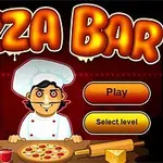 Kreslený kuchař s čepicí stojí za stolem s pizzou a surovinami, nápis „Pizza Bar“ nahoře
