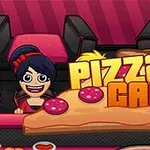 Postavičky sedí u pizzy ve tvaru klínu s nápisem „Pizza Café“ na růžovo-červeném pruhovaném pozadí