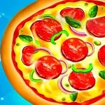 Pizza s červenými rajčaty, plátky papriky, cibulí a lístky bazalky na modrém pozadí