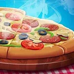 Horká pizza posypaná salámem, rajčaty, olivami a houbami leží na dřevěném talíři s kostkovaným ubrusem v pozadí