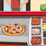 Pizza s různými druhy ingrediencí a tlačítky pro potvrzení nebo zrušení akce