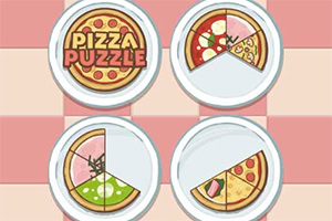 Čtyři talíře s pizzou na růžovo-bílé kostkované ploše, z toho tři části pizz chybí