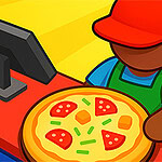 Osoba v červené čepici drží pizzu před pokladnou vedle hromádky peněz