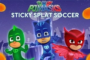 Tři superhrdinové v barevných kostýmech na nočním pozadí města s nápisem Sticky Splat Soccer