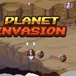 Barevná pixelová grafika s nápisem Planet Invasion na pozadí pusté krajiny a létajícími objekty