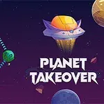 Barevné planety spojené čarami vedle nápisu Planet Takeover na fialovém vesmírném pozadí s létajícím talířem
