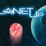 Dvě modré planety na tmavém pozadí s růžovým válcovitým objektem uprostřed a nápisem Planet Up