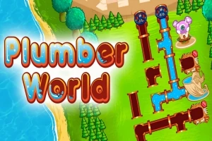 Barevná ilustrace herního prostředí s potrubím, zelení a vodou, doplněná nápisem Plumber World