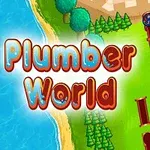 Barevná ilustrace herního prostředí s potrubím, zelení a vodou, doplněná nápisem Plumber World