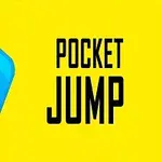 Modrá usmívající se kostka na žlutém pozadí vedle textu POCKET JUMP