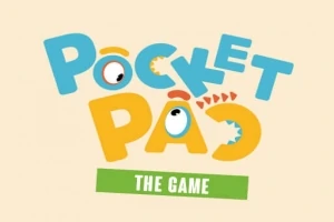 Barevný nápis Pocket Pac s kreslenými očima a zeleným pruhem s textem The Game