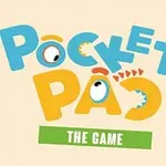 Barevný nápis Pocket Pac s kreslenými očima a zeleným pruhem s textem The Game