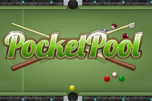 Kulečníkový stůl se dvěma tágami, rozmístěnými barevnými koulemi a nápisem Pocket Pool