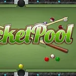 Kulečníkový stůl se dvěma tágami, rozmístěnými barevnými koulemi a nápisem Pocket Pool