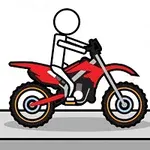 Kreslená postava na červené motorce stojící na šedé platformě