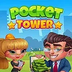 Žena s blond vlasy drží plán budovy vedle muže s kufříkem plným peněz, za nimi je barevná výšková budova na modrém pozadí s nápisem Pocket Tower
