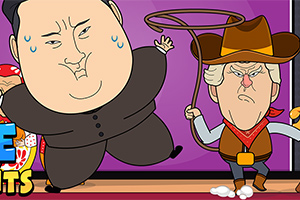 Karikatura dvou mužů, jeden v tmavém obleku s výrazem obav a druhý v kovbojském oblečení s lasem v ruce