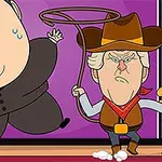 Karikatura dvou mužů, jeden v tmavém obleku s výrazem obav a druhý v kovbojském oblečení s lasem v ruce