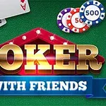 Karty a žetony na zeleném plátně s nápisem POKER WITH FRIENDS