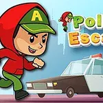 Postavička v červené mikině a zelené čepici utíkající před policejním autem na pozadí
