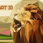 Abstraktní 3D obrázek lva s geometrickými tvary na pozadí krajiny