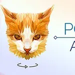 Polygonální ilustrace kočky s nápisem POLY ART na světlém pozadí