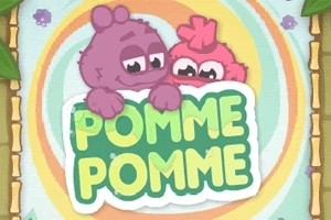 Dva barevné roztomilé kreslené postavičky drží ceduli s nápisem Pomme Pomme na barevném pozadí s listy v rozích