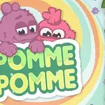 Dva barevné roztomilé kreslené postavičky drží ceduli s nápisem Pomme Pomme na barevném pozadí s listy v rozích