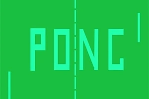 Zelené pozadí s velkými písmeny „PONG“ uprostřed a dvěma svislými čarami po stranách