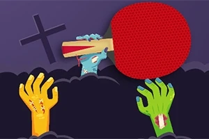 Barevné zombie ruce vyčnívající z temného prostředí s jednou rukou držící pálku na stolní tenis