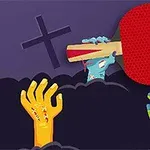 Barevné zombie ruce vyčnívající z temného prostředí s jednou rukou držící pálku na stolní tenis