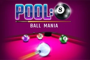 Text POOL: 8 BALL MANIA na fialovém pozadí s kulečníkovými koulemi na stole