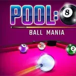 Text POOL: 8 BALL MANIA na fialovém pozadí s kulečníkovými koulemi na stole