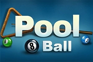 Text Pool Ball na modrém pozadí s kulečníkovými koulemi a trojúhelníkem na tágo