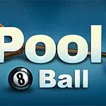 Text Pool Ball na modrém pozadí s kulečníkovými koulemi a trojúhelníkem na tágo