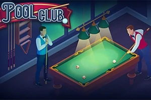 Dva muži hrající kulečník u stolu osvětleného třemi lampami, s nápisem Pool Club v levém horním rohu