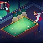 Dva muži hrající kulečník u stolu osvětleného třemi lampami, s nápisem Pool Club v levém horním rohu