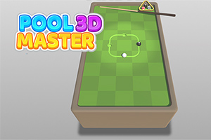 Billiardový stůl s dvěma koulemi a tágo, stylizovaný název Pool 3D Master na levé straně
