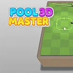 Billiardový stůl s dvěma koulemi a tágo, stylizovaný název Pool 3D Master na levé straně
