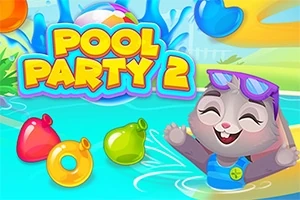 Šedý kreslený králík v fialových brýlích ve veselém plaveckém bazénu s barevnými nafukovacími balónky a nápisem Pool Party 2